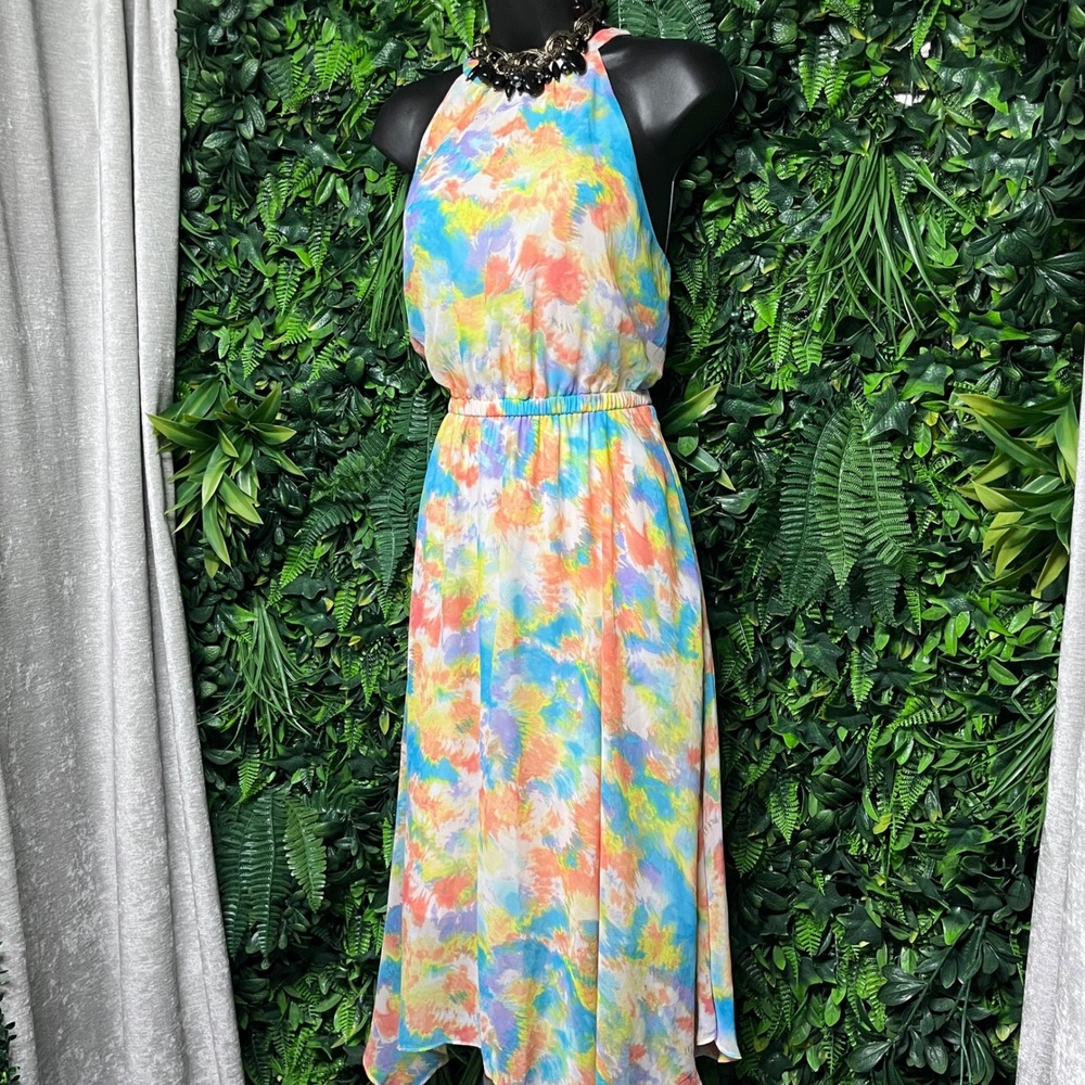 BCBGGeneration Dress Small Orange Blue High Neck Tie Dye Asymmetric Midi 3569‎